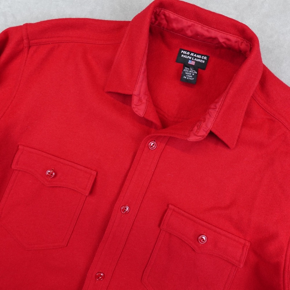 VTG Polo Jeans Ralph Lauren Chamois Shirt Mens Large Red Wool Flannel Pockets